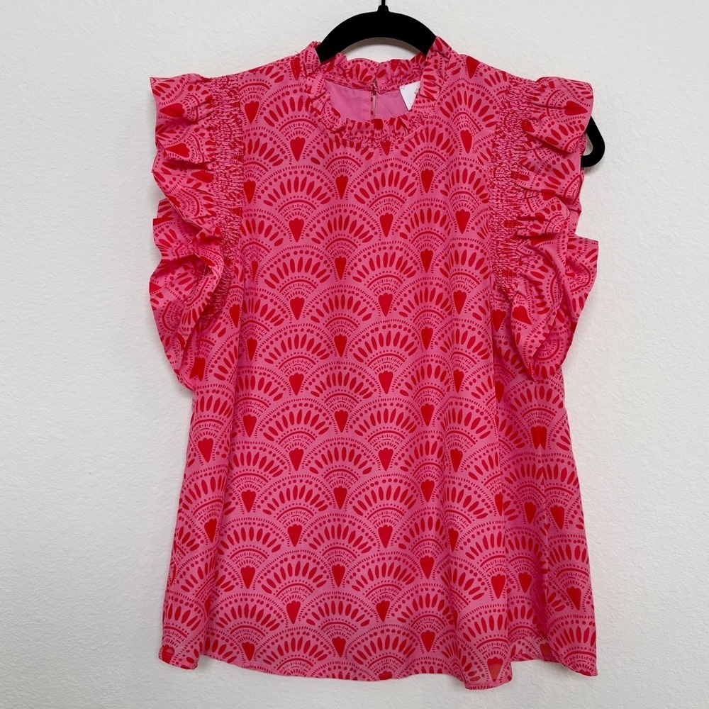 J. Marie Noelle Ruffle Sleeve Top Pink Novelty Print Size XS - Picture 2 of 7